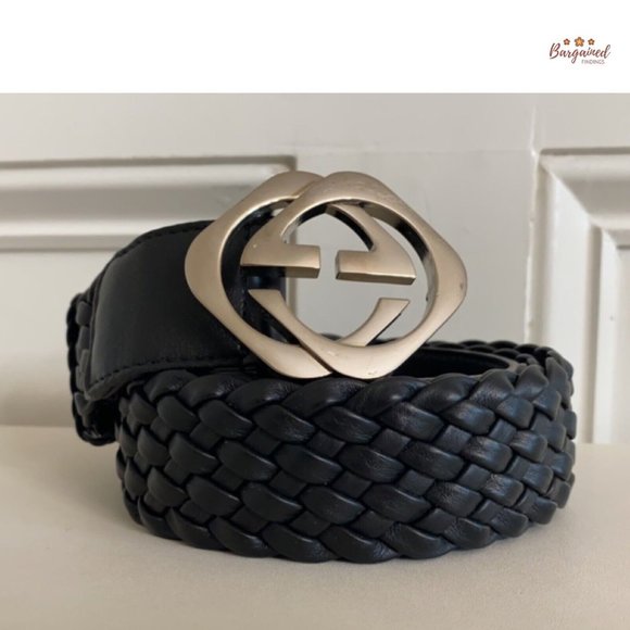 Authentic Gucci Black Intrecciato Woven Leather Interlocking Square G Belt 95/38 - Picture 12 of 13